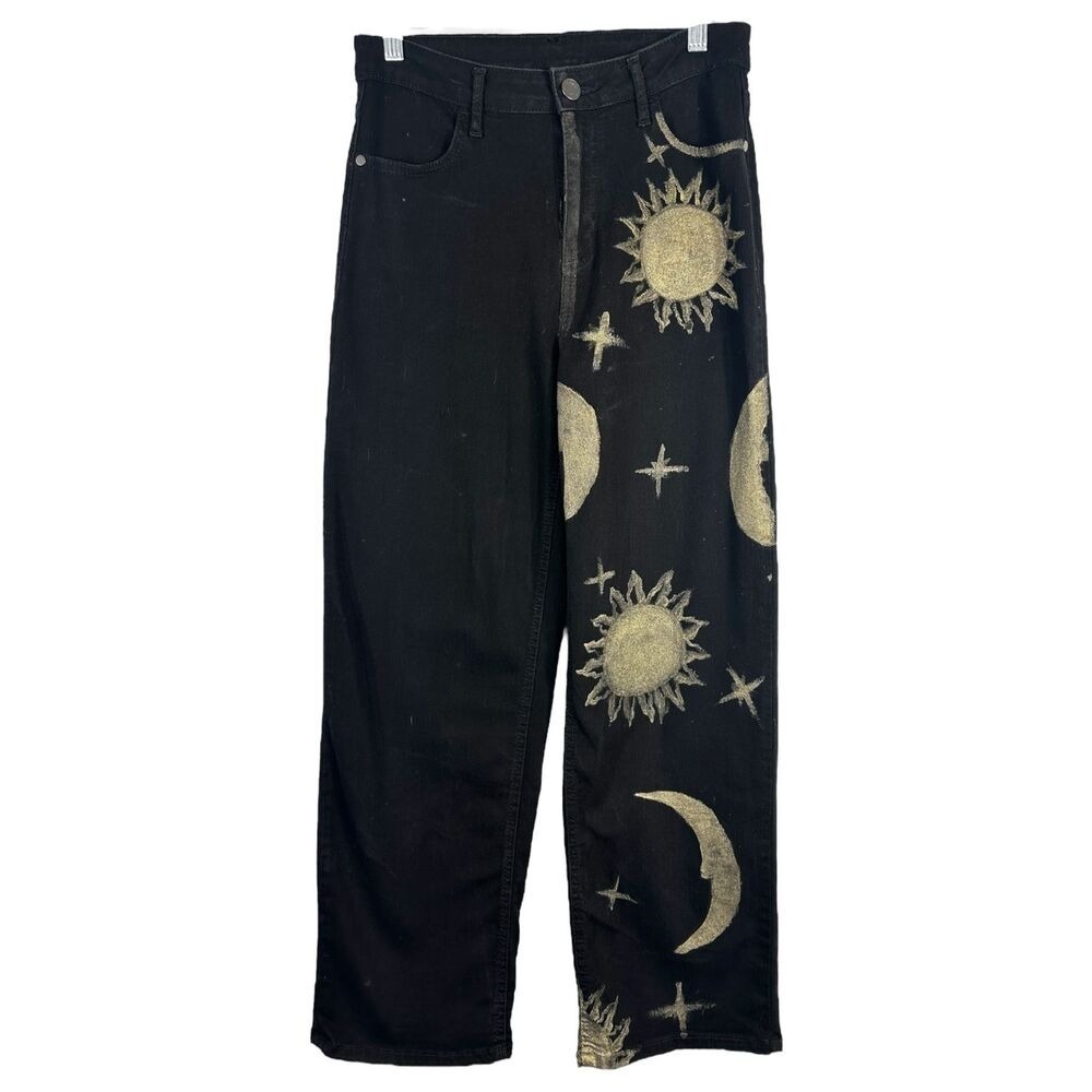 Time Tru Sz 4 Jeans Black Straight Hand Painted Gold Lunar Sun Witch Grunge 1602 - Picture 13 of 13